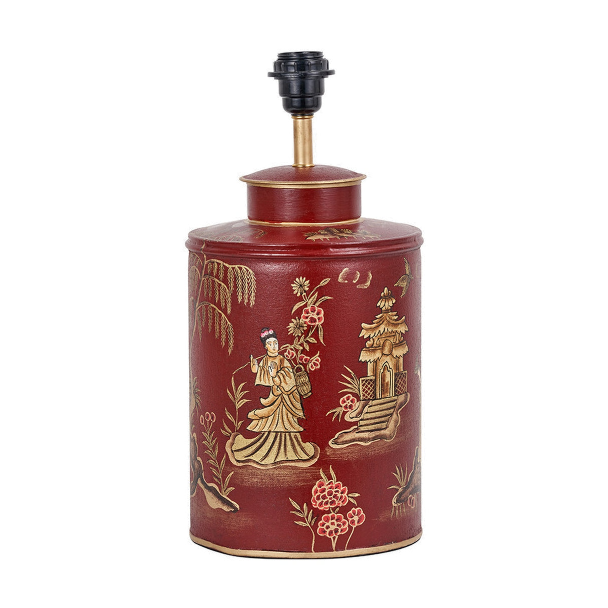 Landscape Red Hand Painted Metal Table Lamp with Taupe Cotton Shade