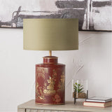 Landscape Red Hand Painted Metal Table Lamp with Taupe Cotton Shade