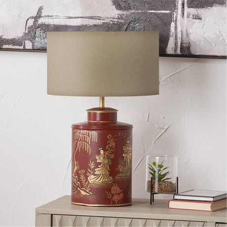 Landscape Red Hand Painted Metal Table Lamp with Taupe Handloom Shade