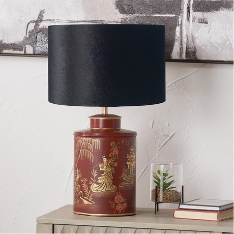 Landscape Red Hand Painted Metal Table Lamp with Black Velvet Shade