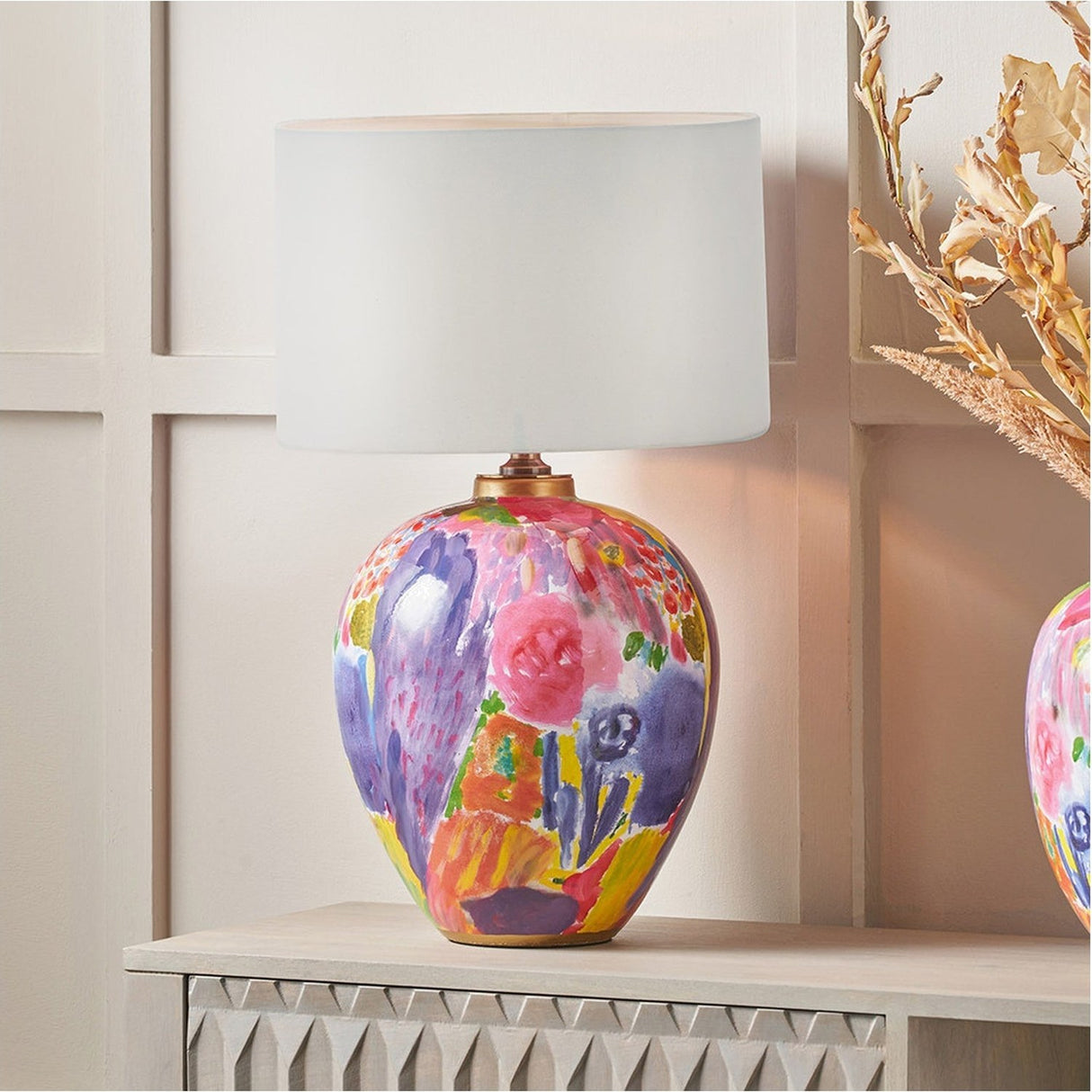 Matisse Multi Colour Ceramic Urn Table Lamp with Ivory Cotton Shade