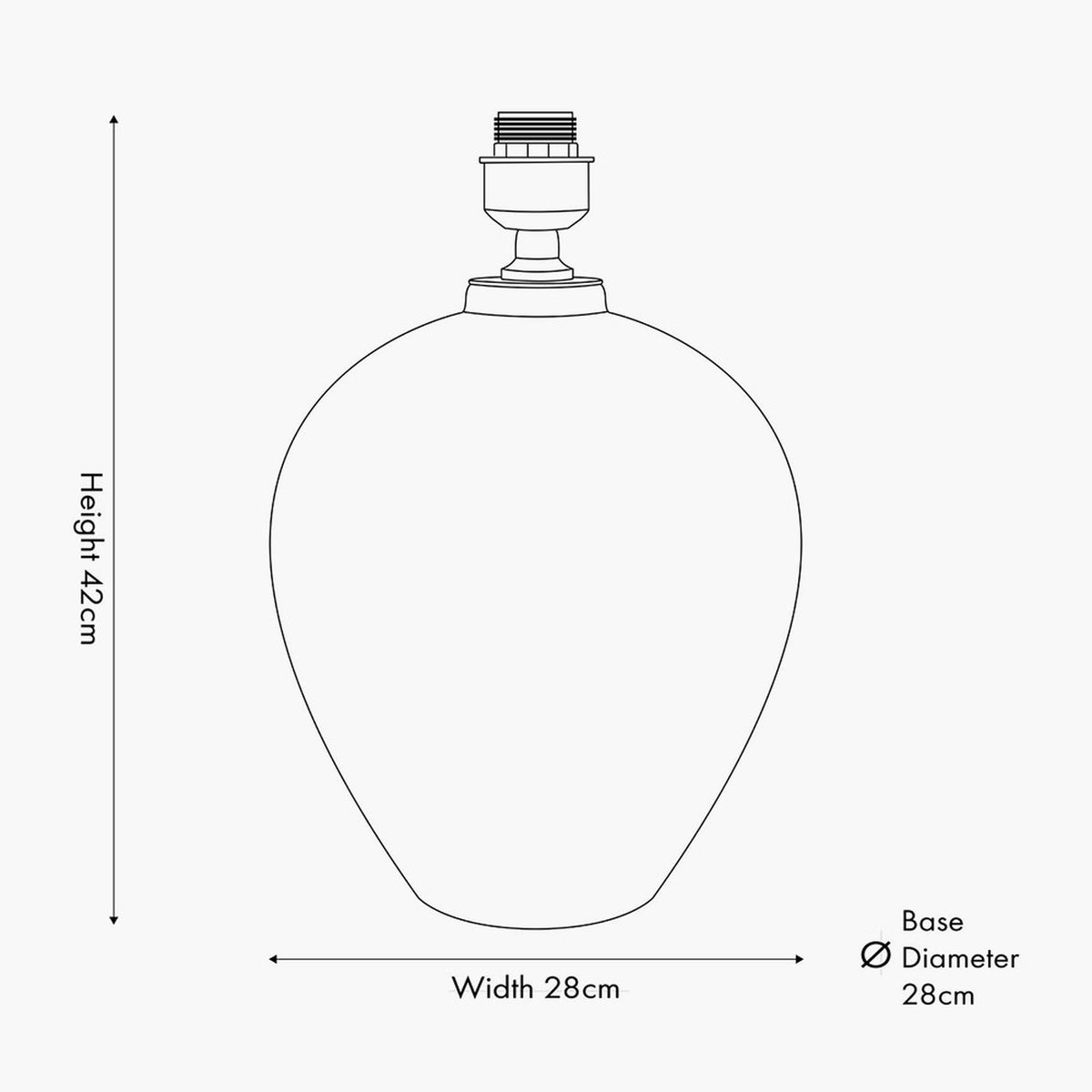 Line drawing of the Matisse ceramic urn table lamp base showing an E27 screw-fit fitting, height 42cm and width 28cm, on a plain background.