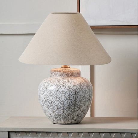 Barbier White Art Deco Fan Ceramic Table Lamp with Slubby Shade
