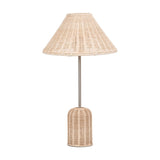 Hali Rattan Base & Shade Table Lamp, 53cm, with woven rattan base and cone shade on a slim brushed steel stem, set against a plain white background.