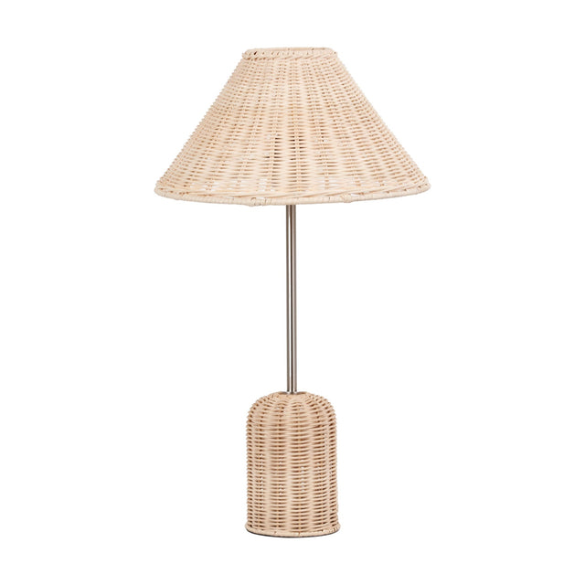 Hali Rattan Base & Shade Table Lamp, 53cm, with woven rattan base and cone shade on a slim brushed steel stem, set against a plain white background.