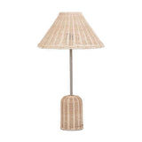 Hali Rattan Base & Shade Table Lamp, 53cm, with a woven conical rattan shade and cylindrical rattan base on a slim metal stem, brushed steel finish, set against a plain white background.
