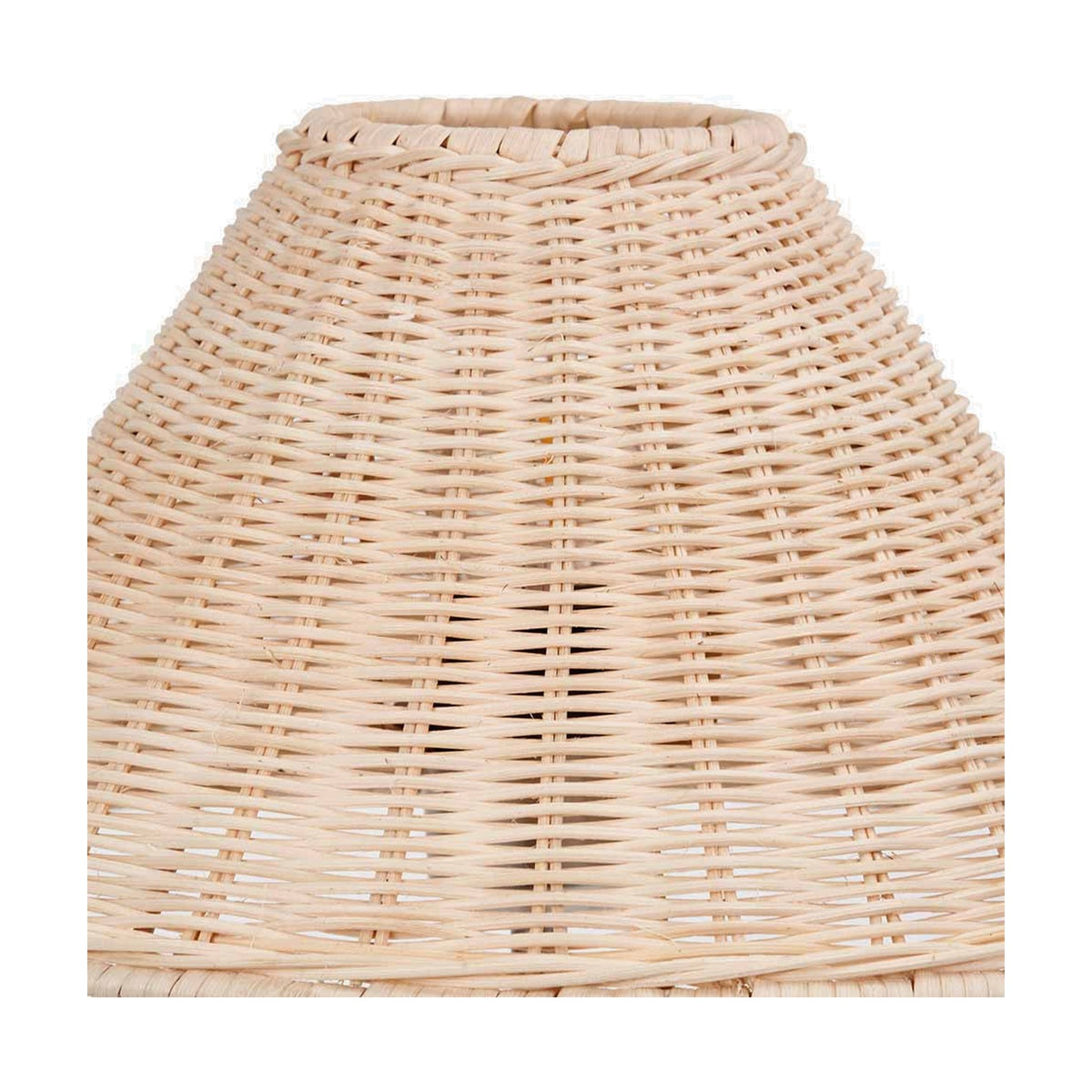 Close-up of the Hali rattan table lamp's tapered woven shade, showing the natural brown rattan texture and rolled top edge on a plain background.