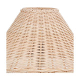 Close-up of the Hali rattan table lamp's tapered woven shade, showing the natural brown rattan texture and rolled top edge on a plain background.