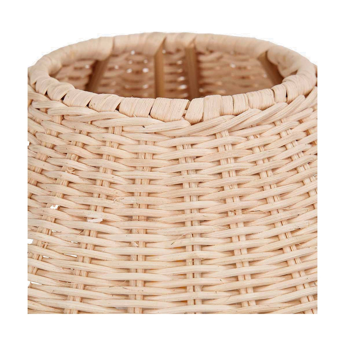 Close-up of the Hali Rattan Base & Shade Table Lamp showing the natural rattan weave and open lattice top edge, in brown tones against a plain white background.