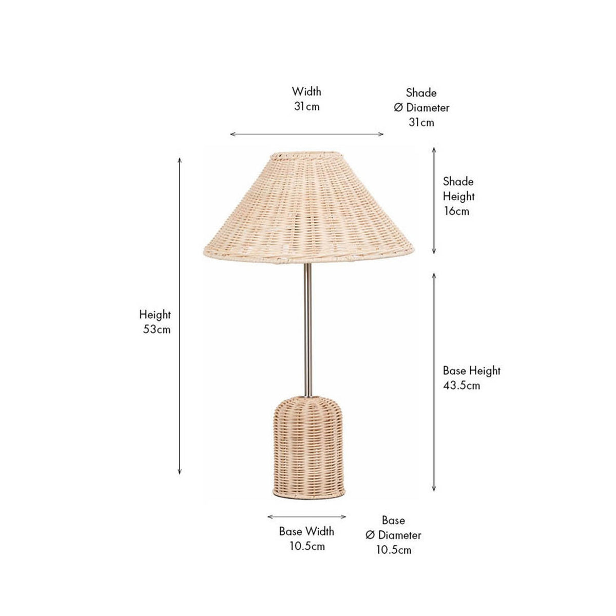 Hali Rattan Base & Shade Table Lamp, 53cm, with woven rattan cone shade and cylindrical base on a slim metal stem, shown with dimension labels on a white background.
