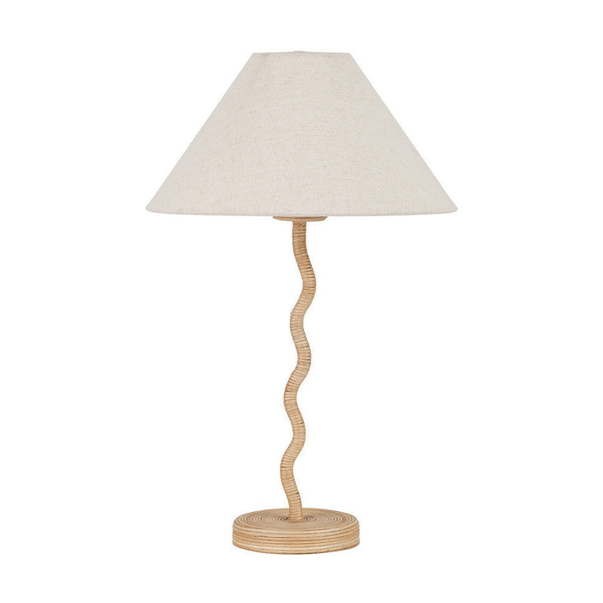 Palau Rattan Wave Table Lamp with a natural rattan wavy stem, round base, and cone-shaped linen shade, shown on a plain white background.