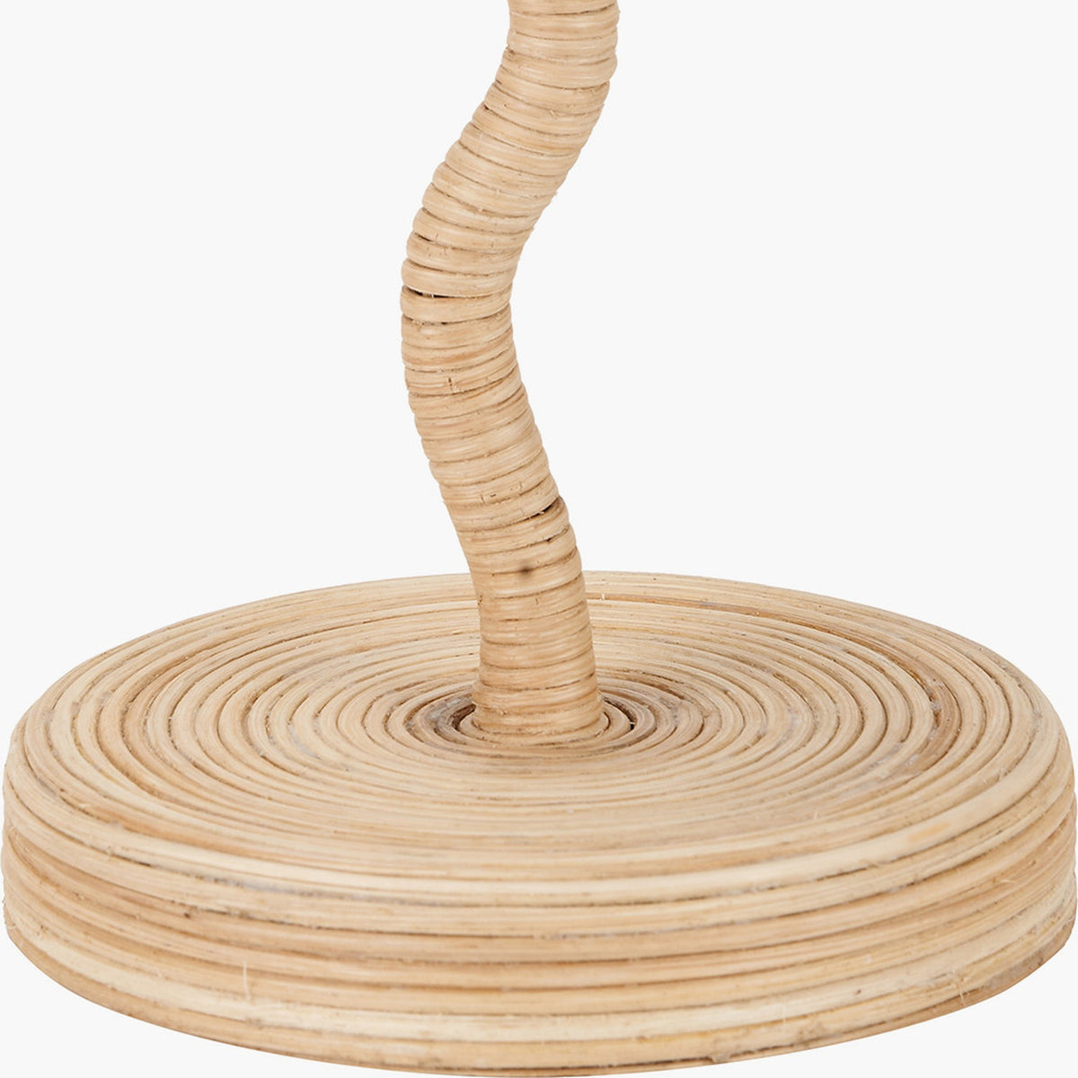 Palau Rattan Wave Table Lamp Base, 39cm, close-up of the natural rattan wave-shaped stem rising from a coiled circular base, plain white background.