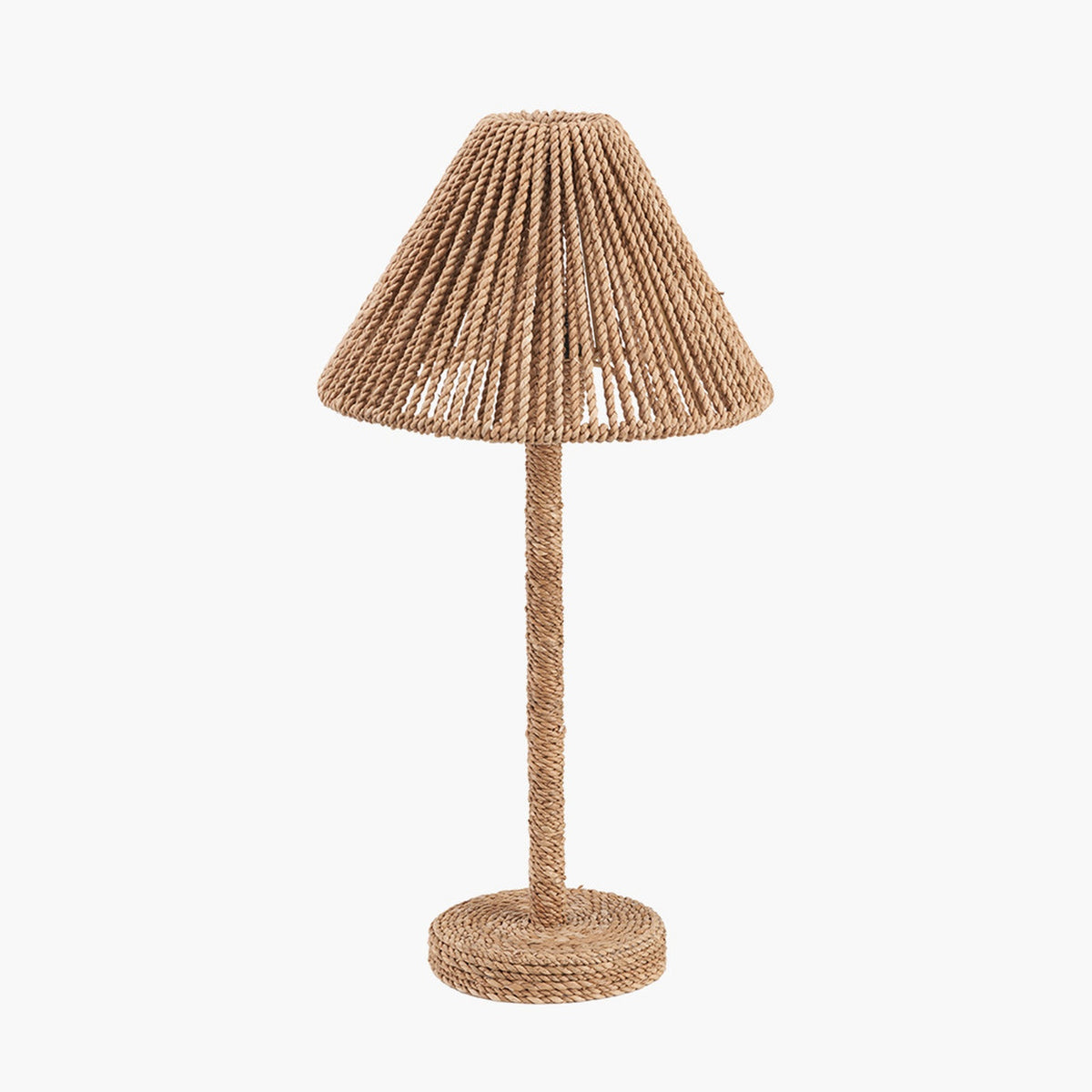 Leif Jute Rope Table Lamp, 46cm, with a woven cone-shaped shade, matching rope-wrapped stem and round base in natural brown, shown on a plain white background.