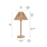 Leif Jute Rope Table Lamp, 46cm tall with a tapered coned shade and slim column base in natural woven jute rope, shown with dimension labels on a white background.