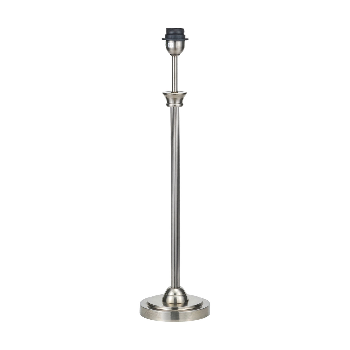 Salvatore table lamp base, 61.5cm tall, in antique silver with a fluted column stem and round stepped foot, shown on a plain white background.