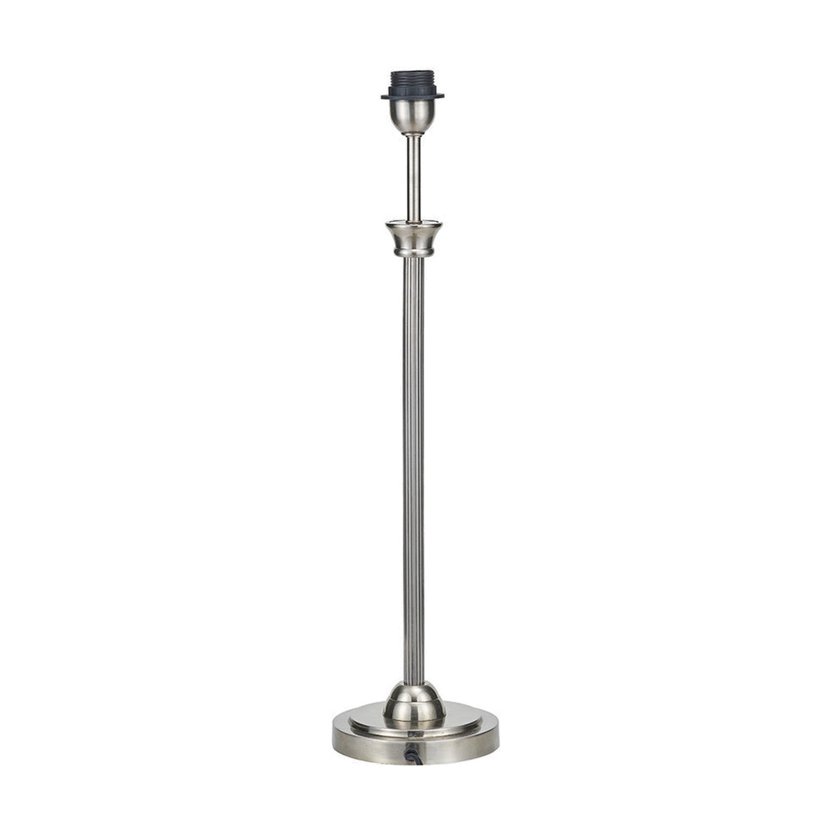 Salvatore table lamp base, 61.5cm tall, antique silver metal column with reeded detail on a round base, black bulb socket, plain white background.