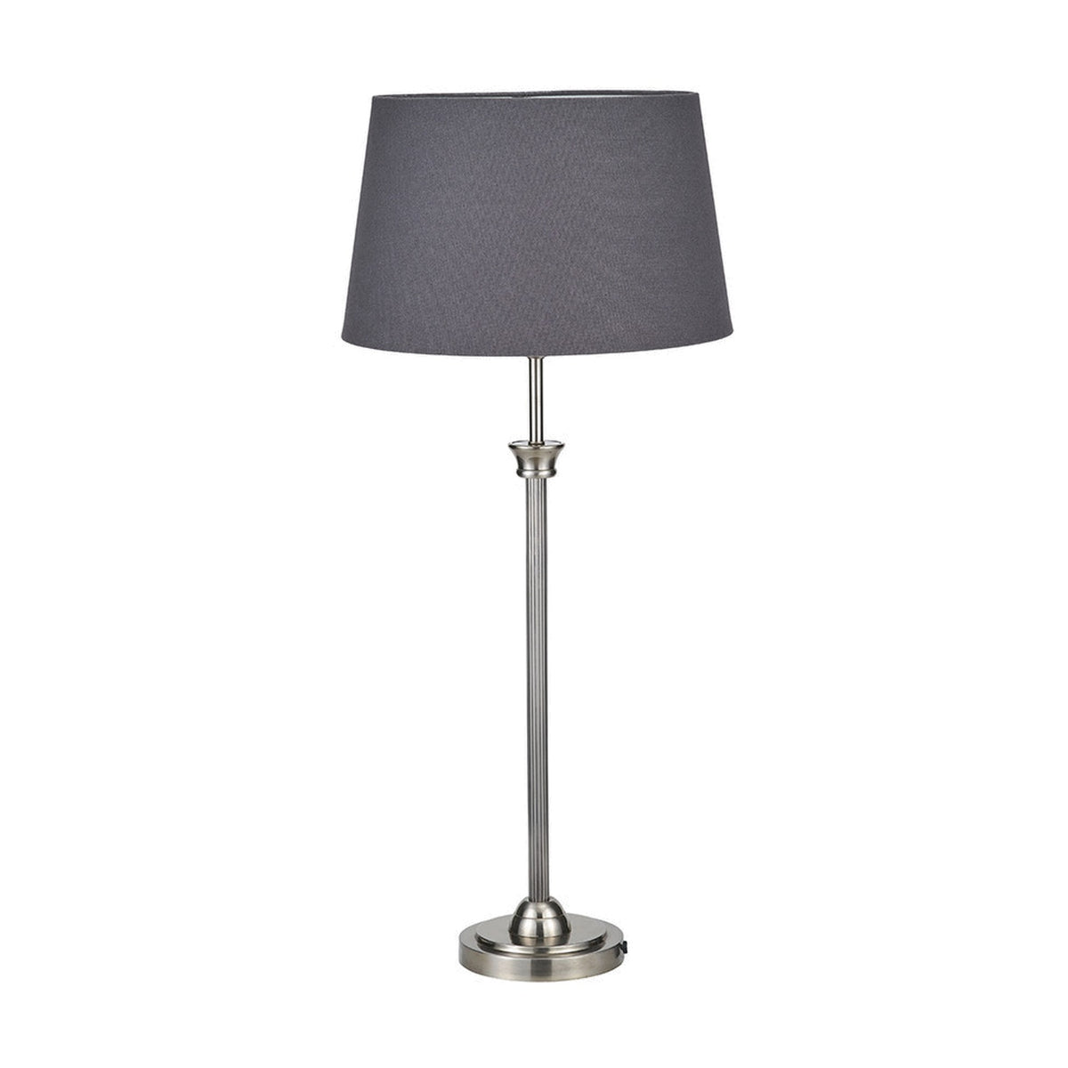 Salvatore Antique Silver Brass Table Lamp with a fluted metal column base and grey tapered fabric shade, shown on a plain white background.