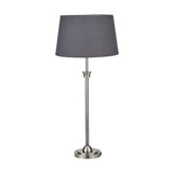 Salvatore Antique Silver Brass Table Lamp with a fluted metal column base and grey tapered fabric shade, shown on a plain white background.
