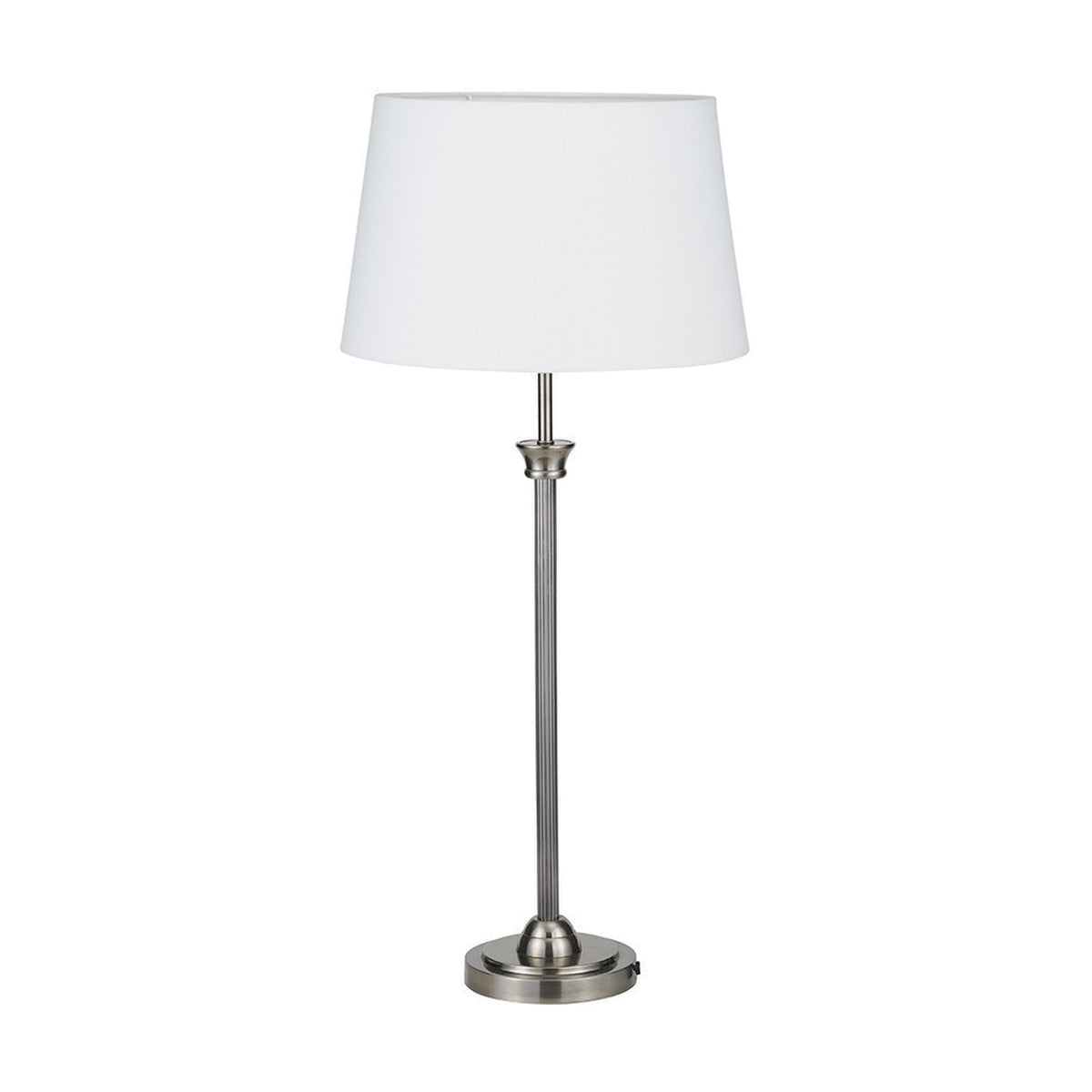 Salvatore Antique Silver Brass Table Lamp Base, 61.5cm, with fluted column stem and round footed base, shown with white tapered fabric shade on a plain white background.