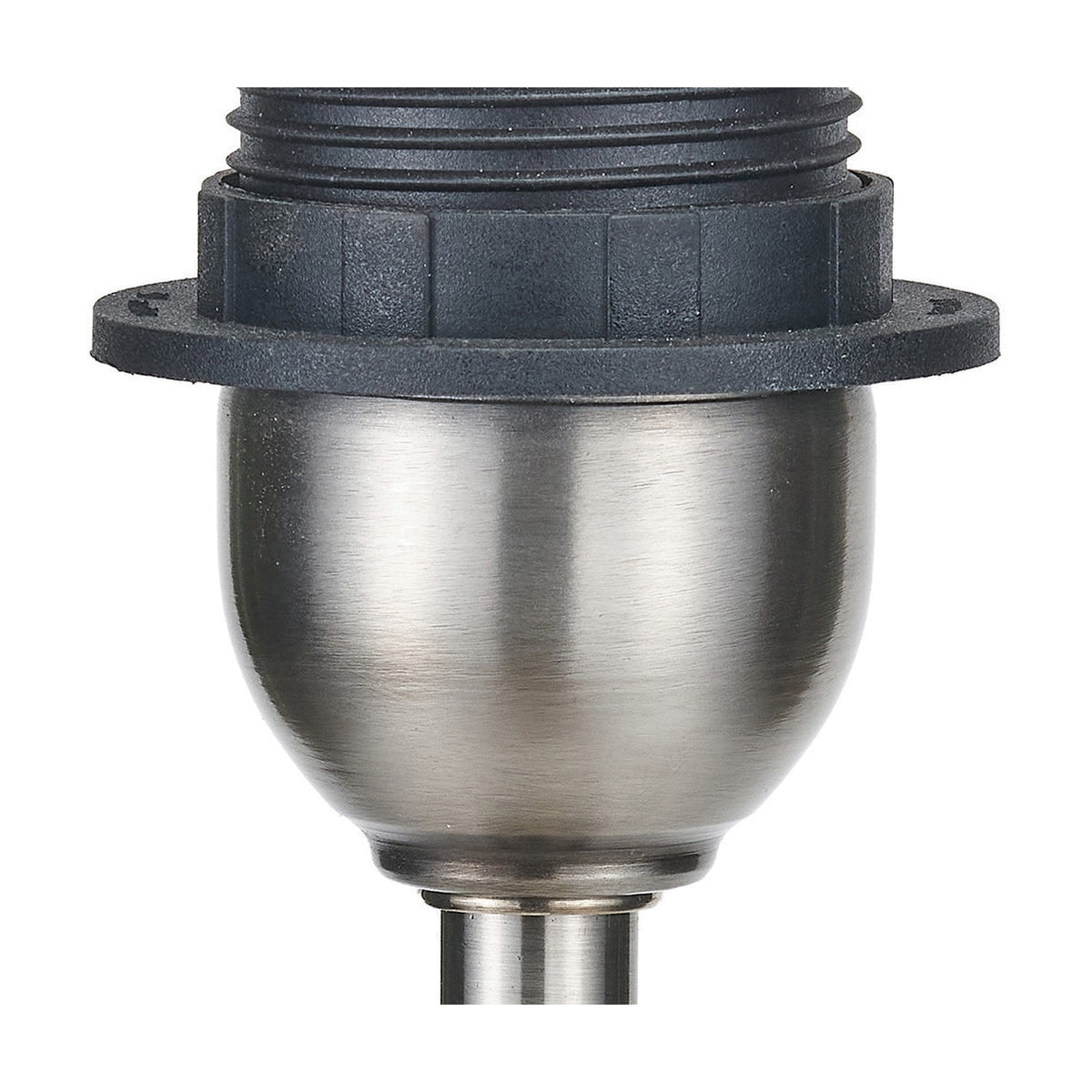 Close-up of the Salvatore table lamp base in antique silver brushed metal, showing the bowl-shaped body, black threaded neck, and mounting collar with screw holes.