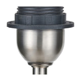 Close-up of the Salvatore table lamp base in antique silver brushed metal, showing the bowl-shaped body, black threaded neck, and mounting collar with screw holes.