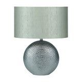 Mabel Silver Dot Textured Ceramic Table Lamp, 40cm, with a round dimpled silver ceramic base and a light grey textured drum shade, on a plain white background.