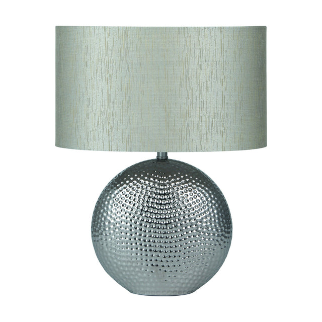 Mabel Silver Dot Textured Ceramic Table Lamp, 40cm, with a round dimpled silver ceramic base and a light grey textured drum shade, on a plain white background.