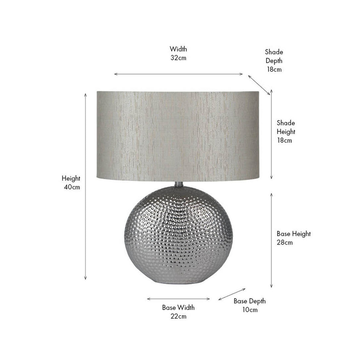 Mabel Silver Dot Textured Ceramic Table Lamp, 40cm, with a dimpled round silver ceramic base and cream drum shade, shown with dimension labels on a white background.