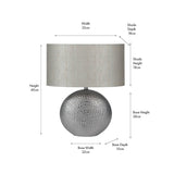 Mabel Silver Dot Textured Ceramic Table Lamp, 40cm, with a dimpled round silver ceramic base and cream drum shade, shown with dimension labels on a white background.