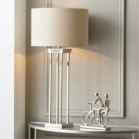Langston Nickel Column Table Lamp with Grey Self Lined Shade
