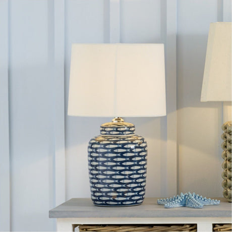 Schoal Blue & White Fish Detail Ceramic Table Lamp - 50cm