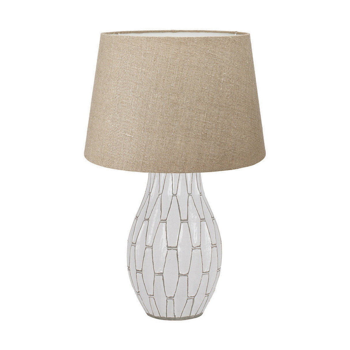 Gaudi White Stoneware Geometric Table Lamp with Linen Tapered Shade
