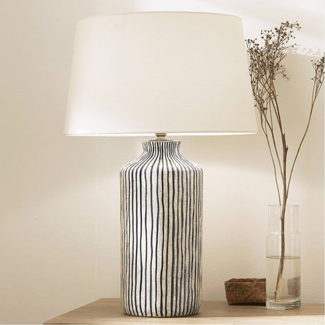Bude Blue & White Stripe Stoneware Table Lamp with White Tapered Shade