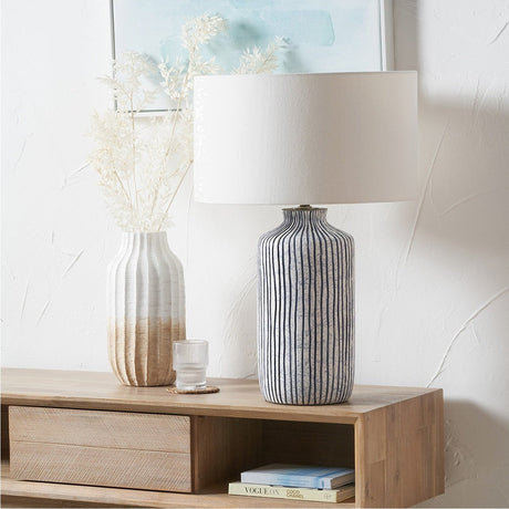 Bude Blue & White Stripe Stoneware Table Lamp with White Cylinder Shade
