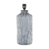Bude Blue & White Stripe Stoneware Table Lamp Base, 43cm tall ceramic lamp with vertical striped pattern and bronze-toned fitting, shown on a plain white background.