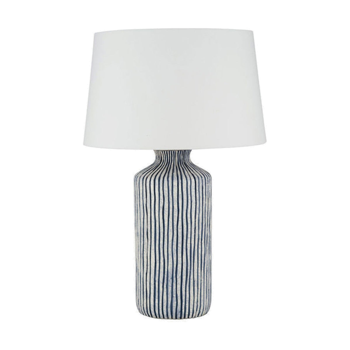 Bude Blue & White Stripe Stoneware Table Lamp, 43cm, with ridged ceramic base in blue and white vertical stripes and a white tapered fabric shade, on a plain white background.