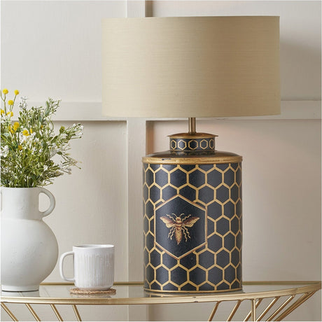 Black Honeycomb Hand Painted Metal Table Lamp with Taupe Cotton Shade