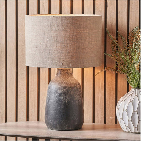 Vulcan Textured Grey Stoneware Table Lamp with Natural Linen Shade