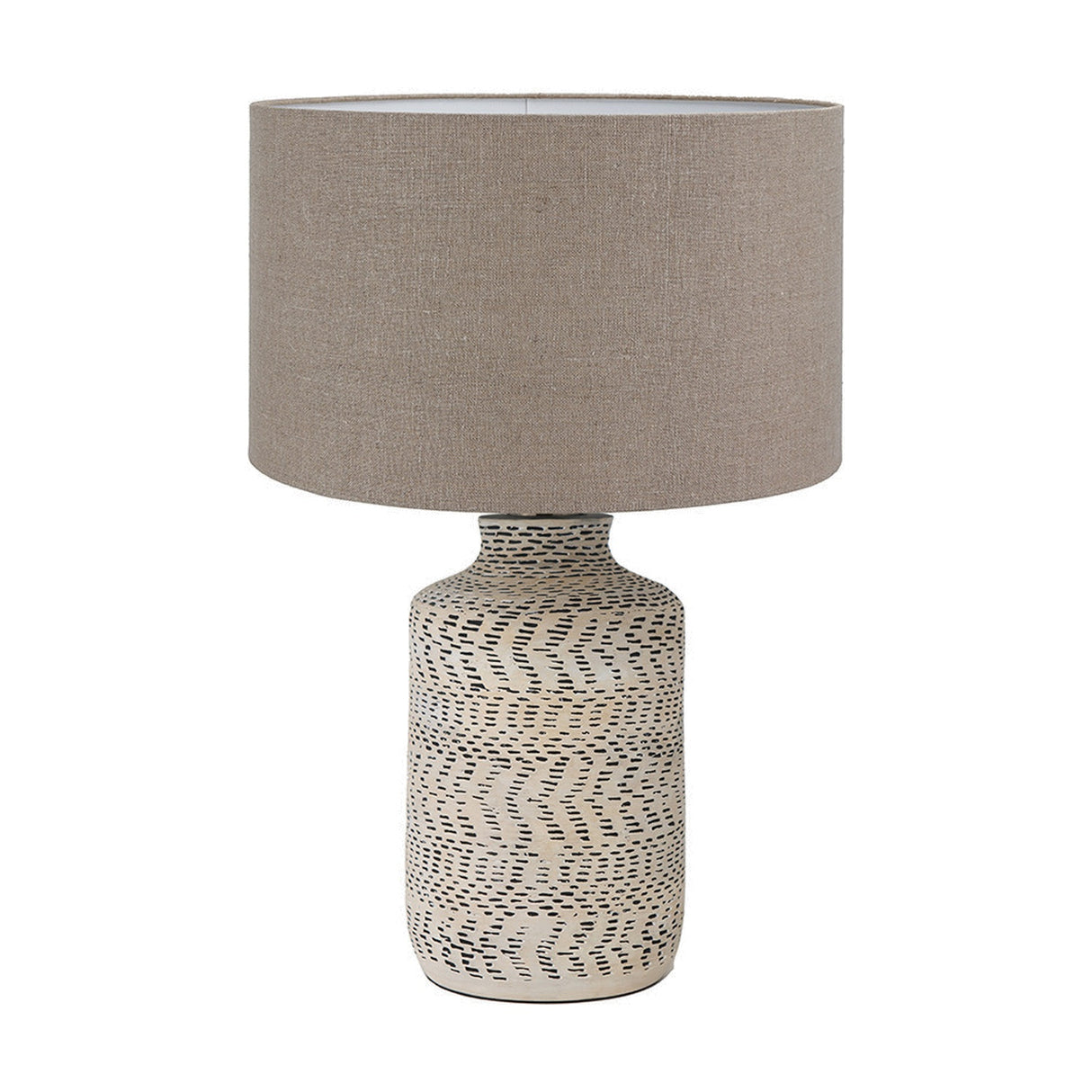Atouk Textured Natural & Black Stoneware Table Lamp with Natural Linen Cylinder Shade