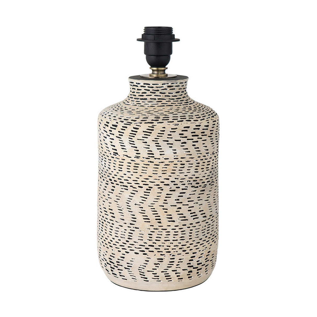 Atouk Textured Natural & Black Stoneware Table Lamp with Natural Linen Cylinder Shade