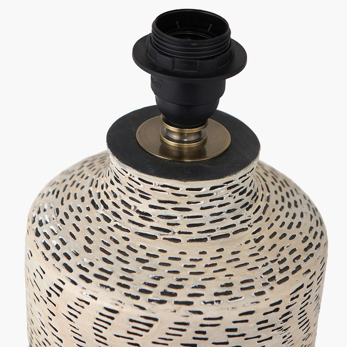 Atouk Textured Natural & Black Stoneware Table Lamp with Natural Linen Cylinder Shade