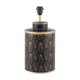 Chrysler Black Art Deco table lamp base, 40cm, cylindrical black metal body with gold fan motifs and trim, black fitting, on a plain white background.