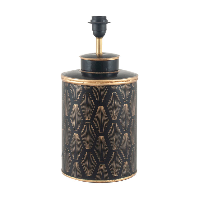 Chrysler Black Art Deco table lamp base, 40cm, cylindrical black metal body with gold fan motifs and trim, black fitting, on a plain white background.