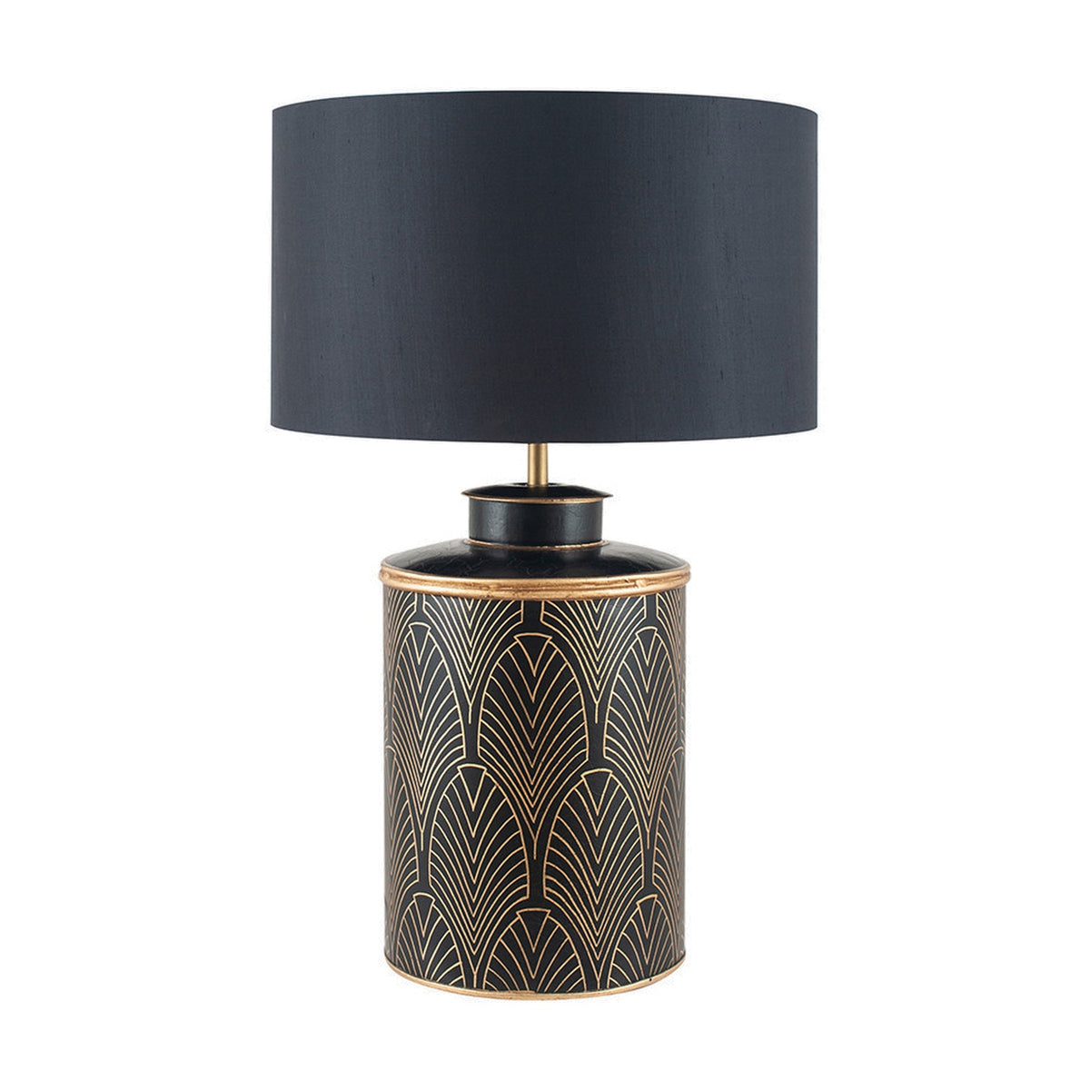 Chrysler Black Art Deco table lamp base with gold fan motif detailing and black drum shade, shown against a plain white background.