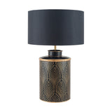Chrysler Black Art Deco table lamp base with gold fan motif detailing and black drum shade, shown against a plain white background.