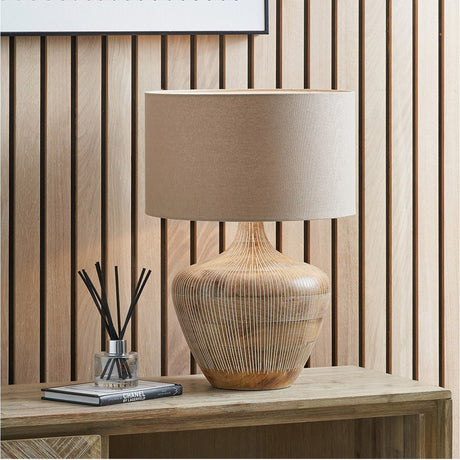 Manaia White Wash Textured Wood Table Lamp with Taupe Handloom Shade