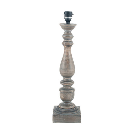 Alia Grey Wash Turned Mango Table Lamp base with black bulb fitting, showing turned wood column detailing on a plain white background.
