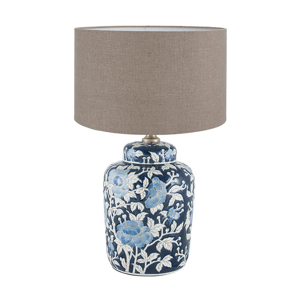 Fleur Blue Floral Ceramic Table Lamp with Linen Cylinder Shade