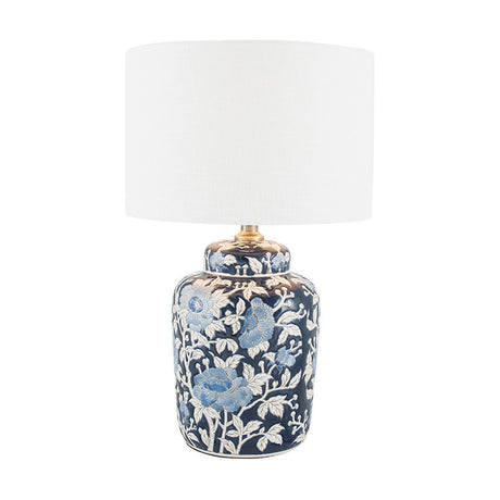 Fleur Blue Floral Ceramic Table Lamp with White Self Lined Shade