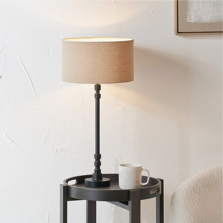 Rhode Matt Black Stick Metal Table Lamp with Taupe Handloom Shade